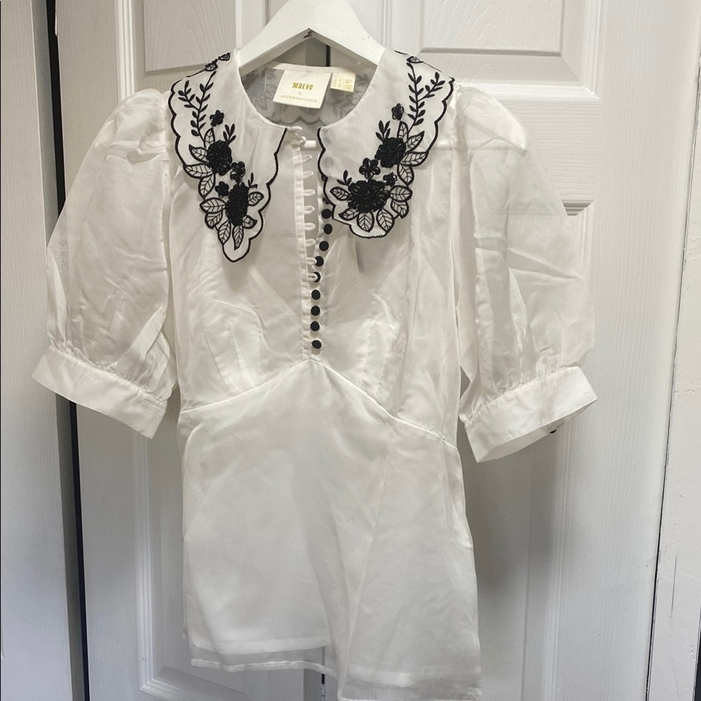 Elegant White Blouse with Black Embroidery